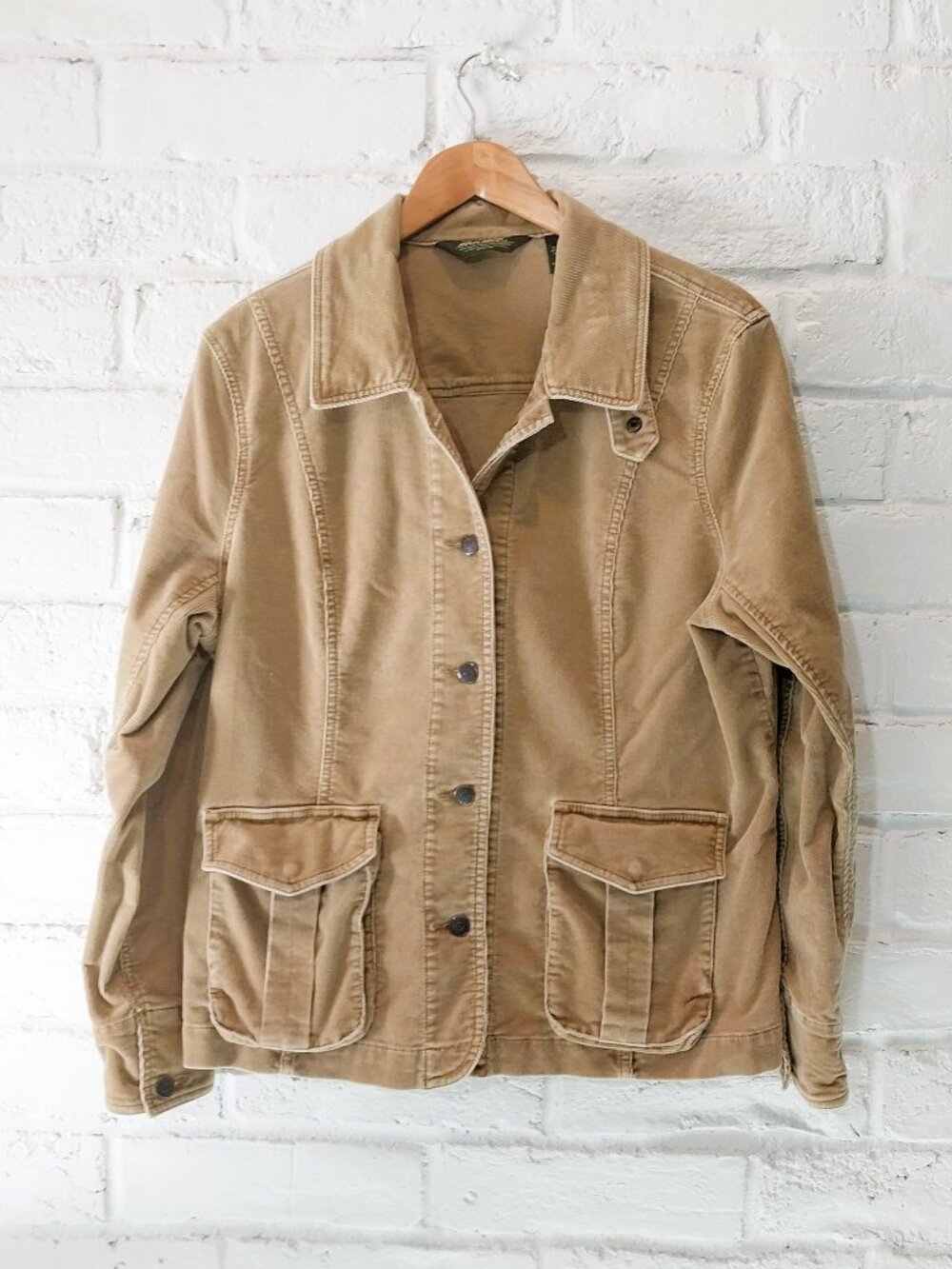 Eddie Bauer Corduroy Jacket Womens XL Beige Tan Button Field Front Trucker Chore